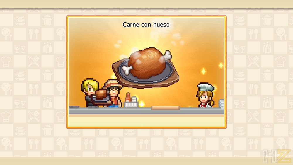 Interfaz del juego One Piece Grand Gourmet mostrando un plato de carne con hueso sobre un fondo dorado.