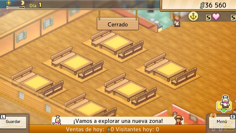 Vista isométrica de un restaurante con mesas de madera vacías en One Piece Grand Gourmet.