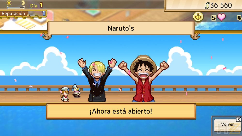Interfaz de One Piece Grand Gourmet con Luffy y Sanji celebrando la apertura del restaurante Naruto's.