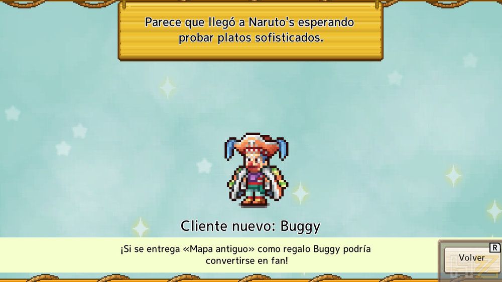 Interfaz del juego One Piece Grand Gourmet mostrando el desbloqueo del personaje Buggy como nuevo cliente.
