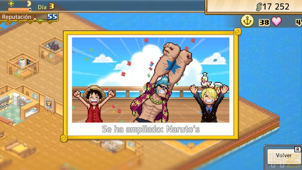 Ilustración de Luffy, Franky y Sanji celebrando la ampliación de un restaurante en el videojuego One Piece Grand Gourmet.