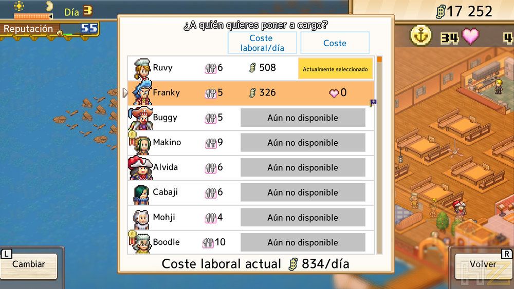 Interfaz de gestión de personal en el juego One Piece Grand Gourmet con lista de empleados y costes laborales.
