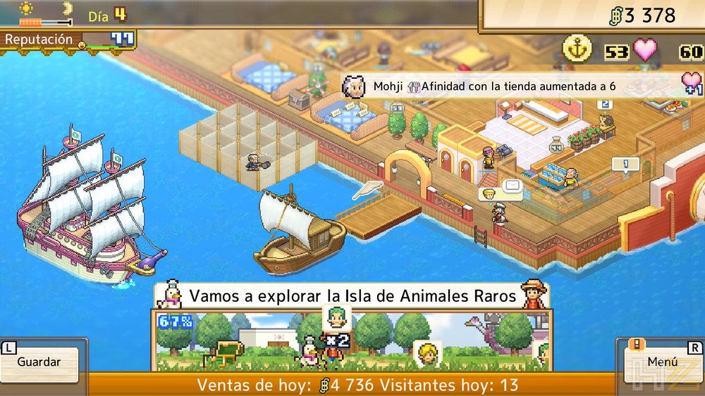 Interfaz de gestión en el juego One Piece Grand Gourmet mostrando un muelle con barcos y menús de exploración.