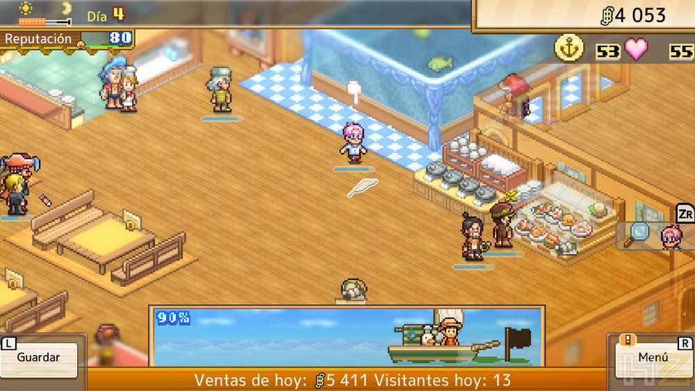 Vista isométrica de la gestión de un restaurante en el videojuego One Piece Grand Gourmet con personajes pixel art.
