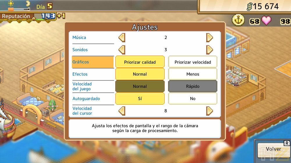 Menú de ajustes técnicos en el videojuego One Piece Grand Gourmet con opciones de configuración gráfica y de sonido.