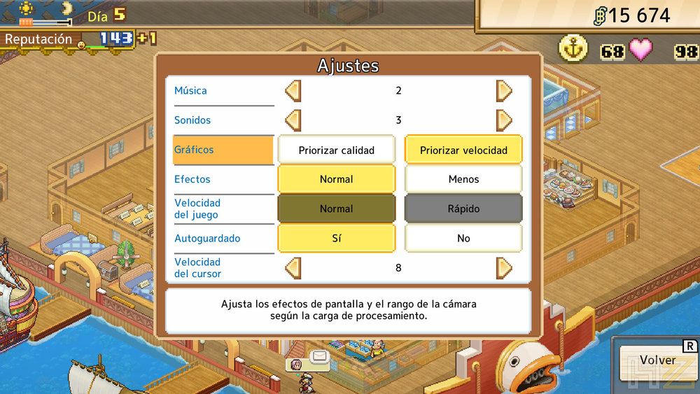 Menú de ajustes técnicos en One Piece Grand Gourmet con opciones de configuración gráfica y de sonido.