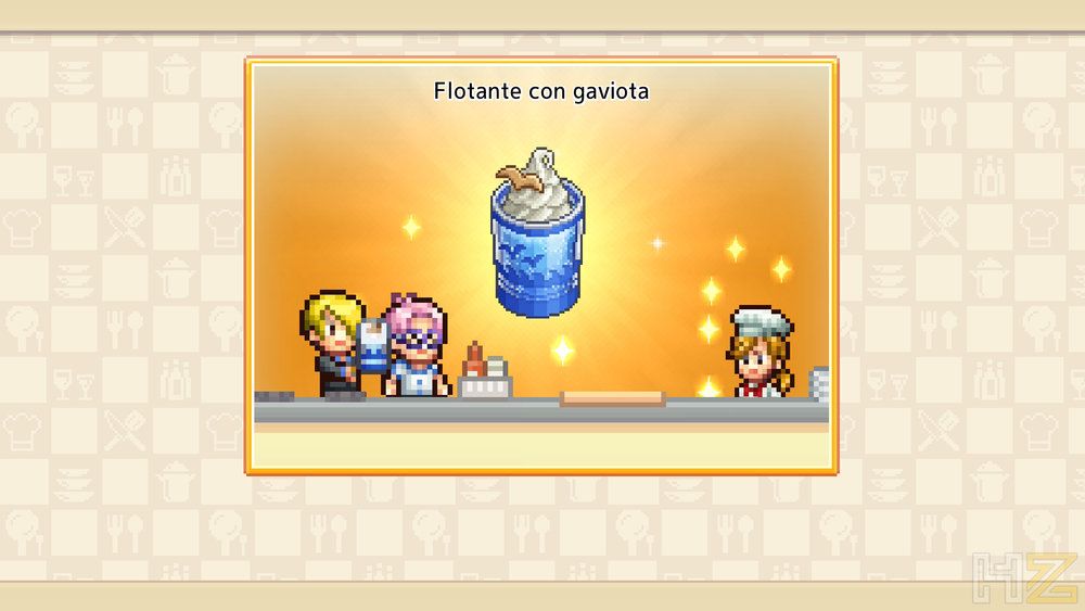 Interfaz de One Piece Grand Gourmet mostrando la receta de Flotante con gaviota con personajes en estilo pixel art.