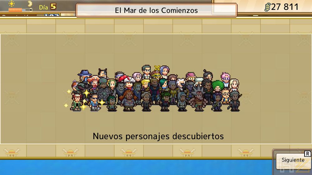 Interfaz de One Piece Grand Gourmet mostrando un grupo de personajes en estilo pixel art bajo el texto nuevos personajes descubiertos.