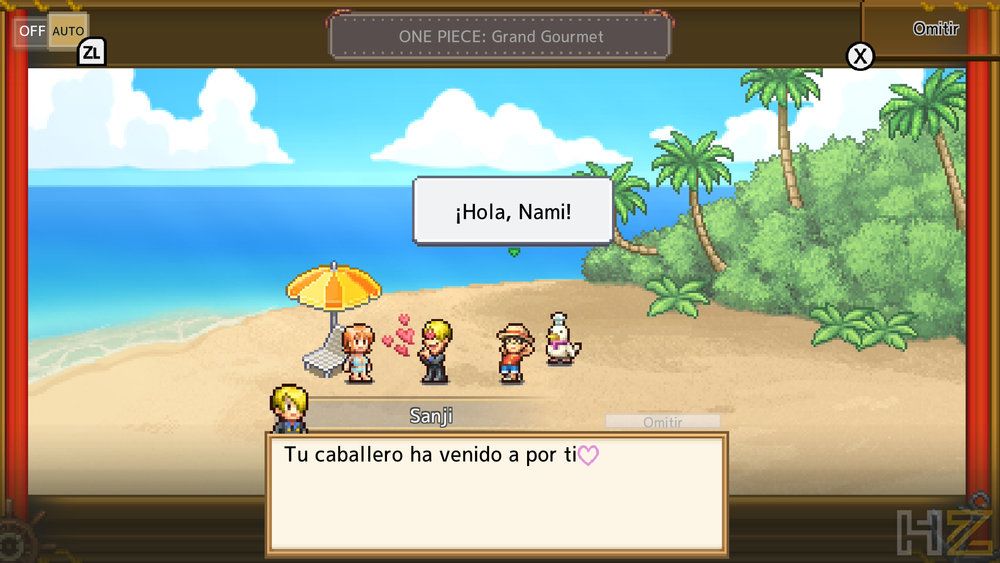 Interfaz del videojuego One Piece Grand Gourmet con personajes en una playa tropical y cuadros de diálogo en español.