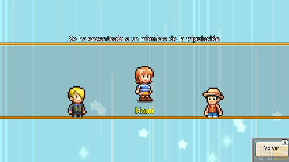 Interfaz de One Piece Grand Gourmet con Sanji, Nami y Luffy en estilo pixel art sobre un fondo azul.