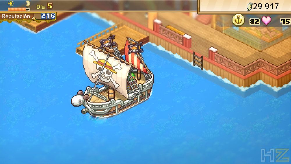 Barco Going Merry de One Piece navegando en un videojuego con perspectiva isométrica y estética pixel art.