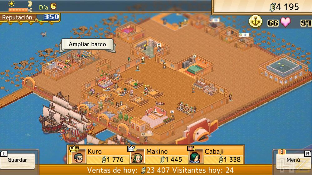Interfaz de gestión en el juego One Piece Grand Gourmet donde se muestra una plataforma flotante con mesas y clientes.
