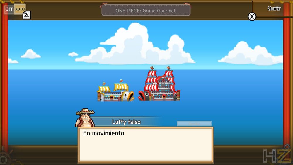 Captura de pantalla del videojuego One Piece Grand Gourmet con dos barcos piratas navegando por el mar bajo un cielo azul con nubes.