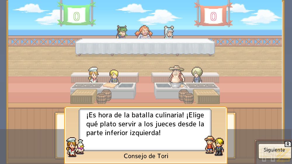 Interfaz de combate de cocina en el videojuego One Piece Grand Gourmet con cuadros de texto explicativos.