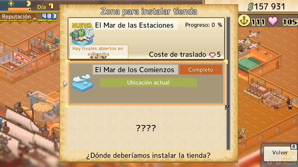 Menú de selección de ubicación para instalar la tienda en One Piece Grand Gourmet con las opciones El Mar de las Estaciones y El Mar de los Comienzos.