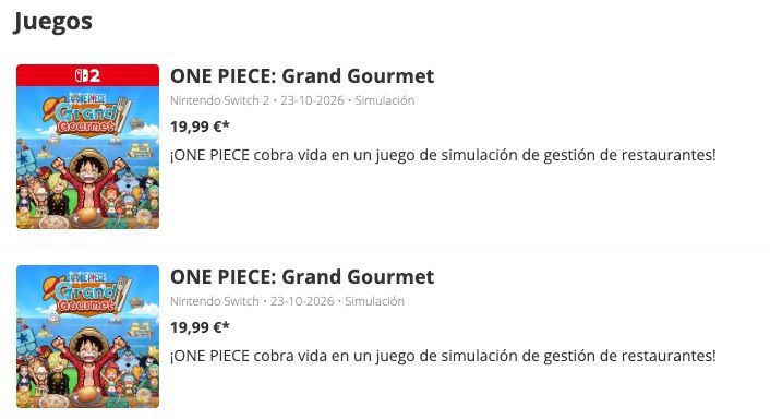 Listado de la eShop con el juego ONE PIECE: Grand Gourmet para Nintendo Switch 2 y Nintendo Switch.