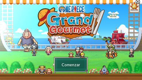 Pantalla de inicio del videojuego One Piece Grand Gourmet con personajes en estilo chibi y el botón Comenzar.
