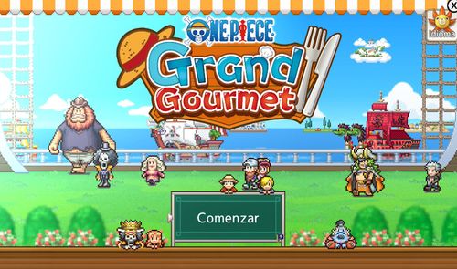 Pantalla de inicio del videojuego One Piece Grand Gourmet con personajes en estilo chibi y el botón Comenzar.