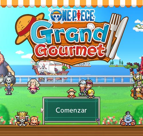 Pantalla de inicio del videojuego One Piece Grand Gourmet con personajes en estilo chibi y el botón Comenzar.