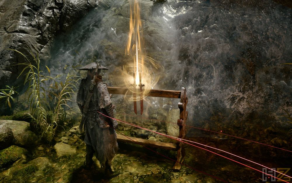 Personaje de Phantom Blade Zero de espaldas frente a un pedestal de madera con una luz dorada brillante en un entorno rocoso.