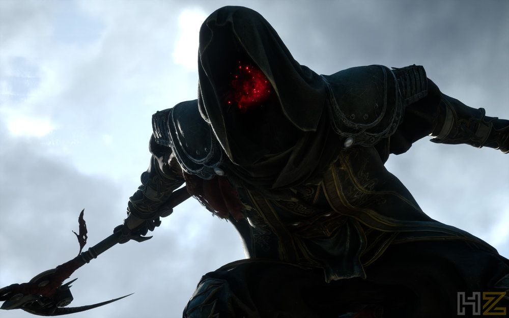 Personaje con capucha negra, máscara roja brillante y guadaña en Phantom Blade Zero.