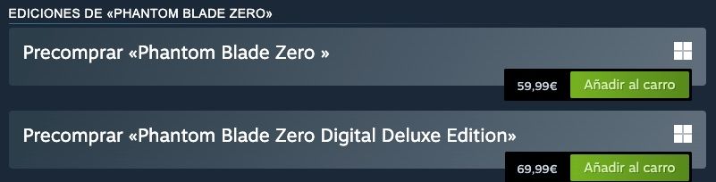 Interfaz de precompra del videojuego Phantom Blade Zero indicando los precios de la edición estándar y Digital Deluxe Edition.