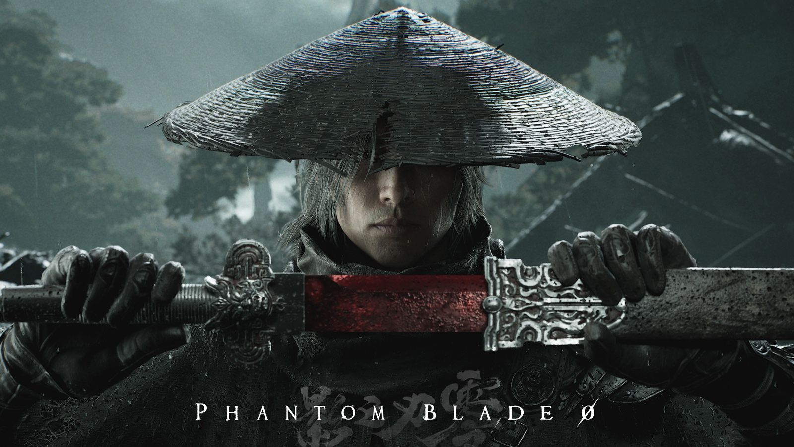 Primer plano de un guerrero con sombrero cónico sosteniendo una espada de hoja roja en Phantom Blade Zero.