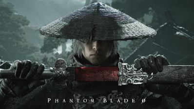 Primer plano de un guerrero con sombrero cónico sosteniendo una espada de hoja roja en Phantom Blade Zero.