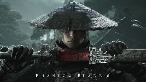 Primer plano de un guerrero con sombrero cónico sosteniendo una espada de hoja roja en Phantom Blade Zero.