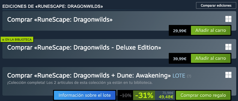 Interfaz de compra en Steam con los precios de RuneScape: Dragonwilds y sus diferentes ediciones.
