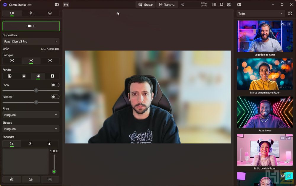 Interfaz del software Camo Studio con controles de cámara para Razer Kiyo V2 Pro y previsualización de vídeo.