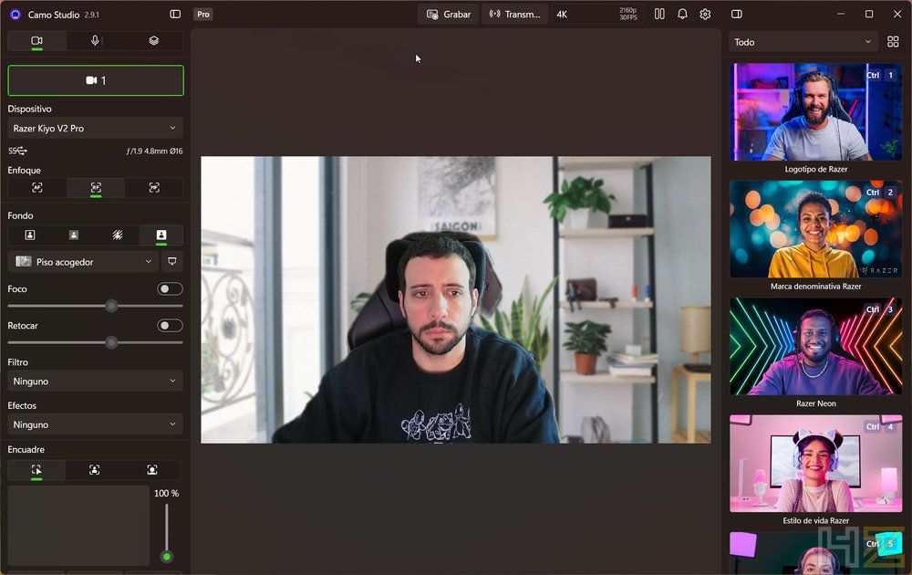 Interfaz del software Camo Studio con el menú de ajustes para la cámara Razer Kiyo V2 Pro.