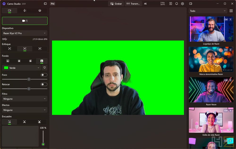Interfaz del software Camo Studio mostrando la configuración de croma verde con una cámara Razer Kiyo V2 Pro.
