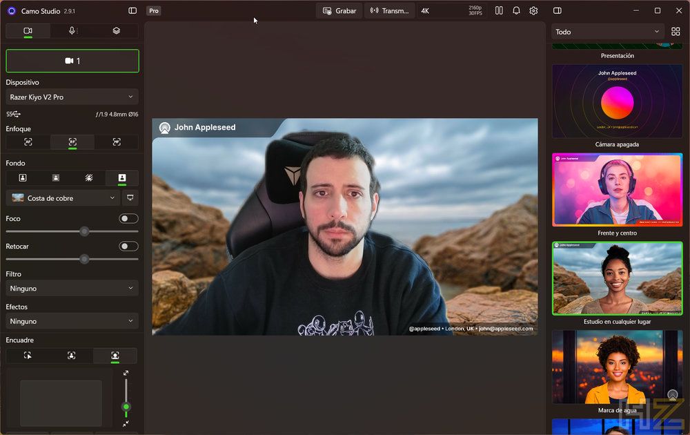 Interfaz del software Camo Studio configurada con la cámara Razer Kiyo V2 Pro mostrando opciones de desenfoque de fondo y filtros.