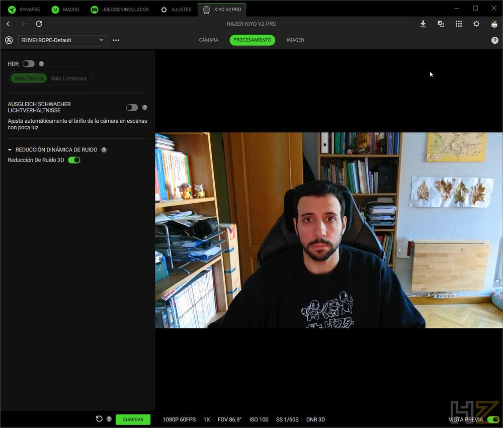 Interfaz del software Razer Synapse mostrando los ajustes de imagen de la webcam Razer Kiyo V2 Pro.