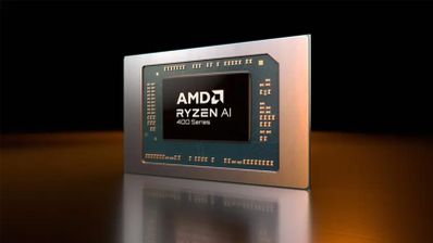 Primer plano de un procesador AMD Ryzen AI 300 Series sobre una superficie reflectante con fondo oscuro.