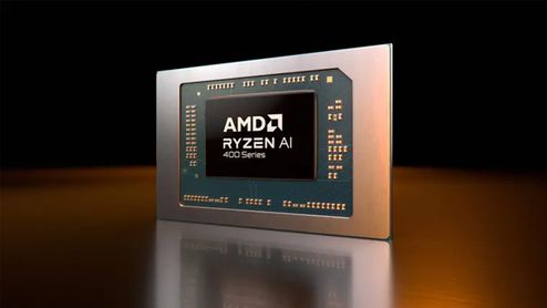 Primer plano de un procesador AMD Ryzen AI 300 Series sobre una superficie reflectante con fondo oscuro.