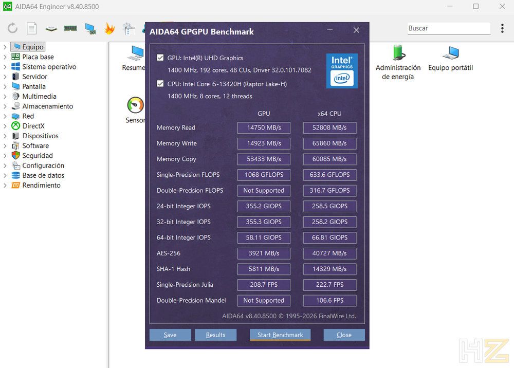 Captura de pantalla de la prueba de rendimiento AIDA64 GPGPU Benchmark ejecutada en el TECNO MEGABOOK T15RA.