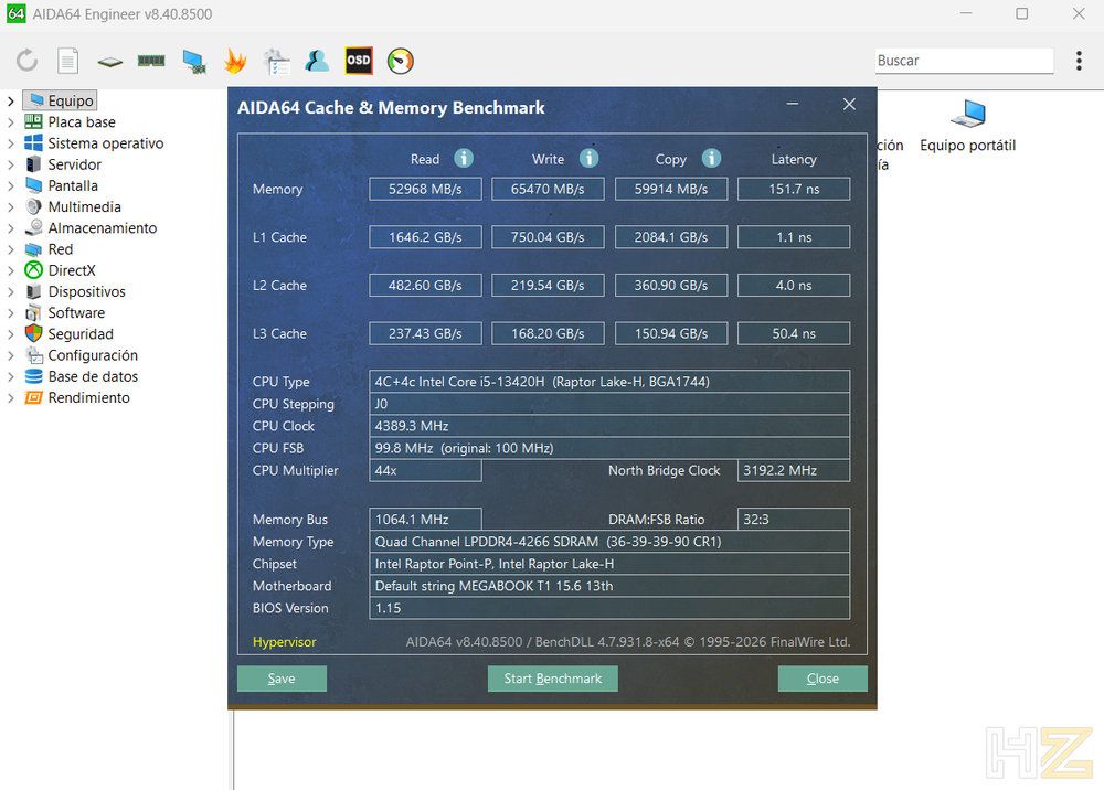 Resultados del benchmark de memoria y caché de AIDA64 en el ordenador portátil TECNO MEGABOOK T15RA.