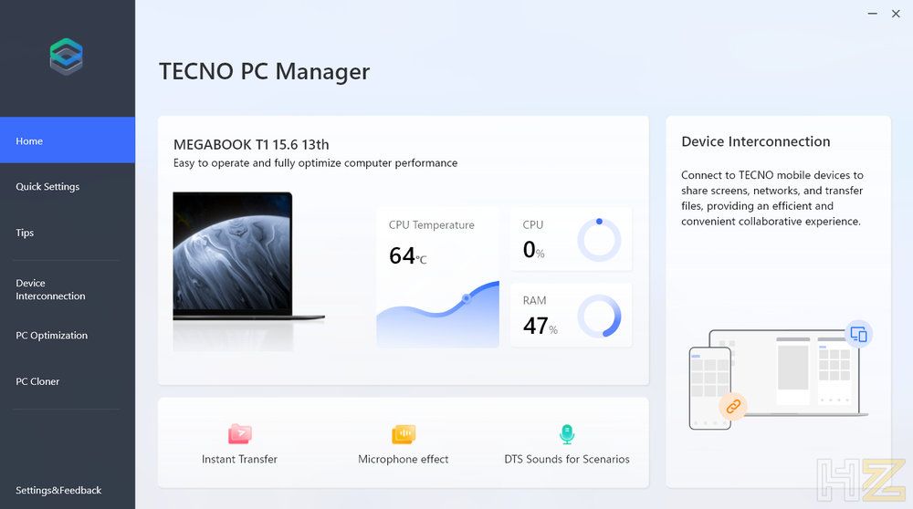 Interfaz del software TECNO PC Manager en el portátil MEGABOOK T15RA mostrando estadísticas de temperatura y uso de CPU.