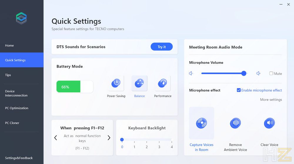Panel de configuración Quick Settings del ordenador TECNO MEGABOOK T15RA con opciones de energía, sonido y retroiluminación del teclado.