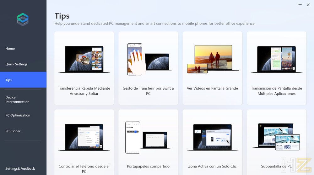 Interfaz del software de gestión de dispositivos en el portátil TECNO MEGABOOK T15RA con sección de consejos de uso.