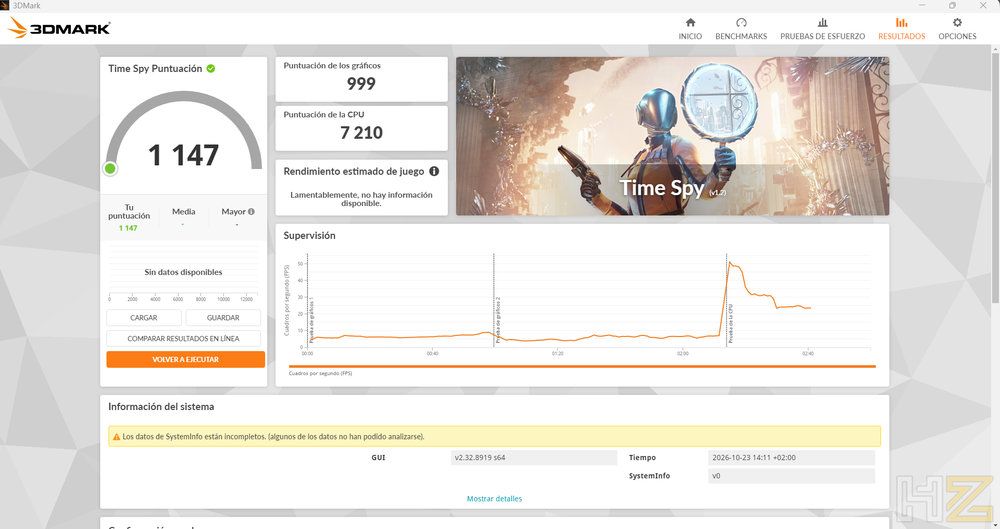 Interfaz de 3DMark Time Spy mostrando resultados de rendimiento gráfico y de CPU.