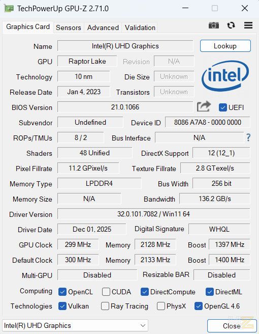 Captura de pantalla de la utilidad GPU-Z mostrando las especificaciones técnicas de los gráficos integrados Intel UHD en el portátil T15RA.