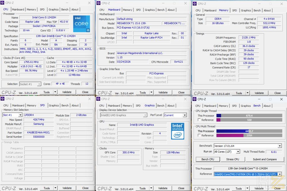 Captura de pantalla del software CPU-Z que muestra las especificaciones técnicas del procesador y la memoria del TECNO MEGABOOK T15RA.