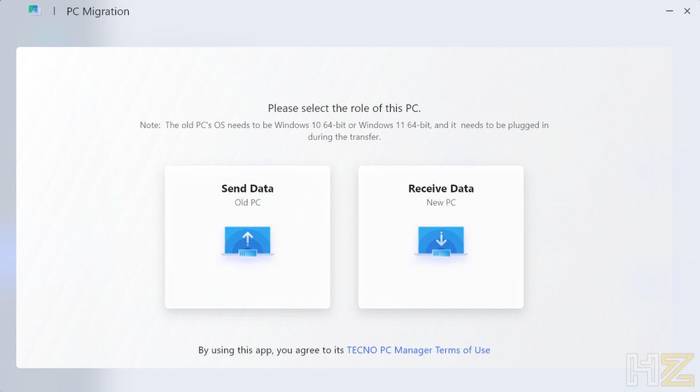 Interfaz de la herramienta PC Migration en el portátil TECNO MEGABOOK T15RA con opciones para enviar o recibir datos.