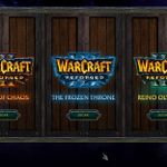 Menú de selección de campañas en Warcraft III Reforged con las opciones Reign of Chaos, The Frozen Throne y Reino Olvidado.