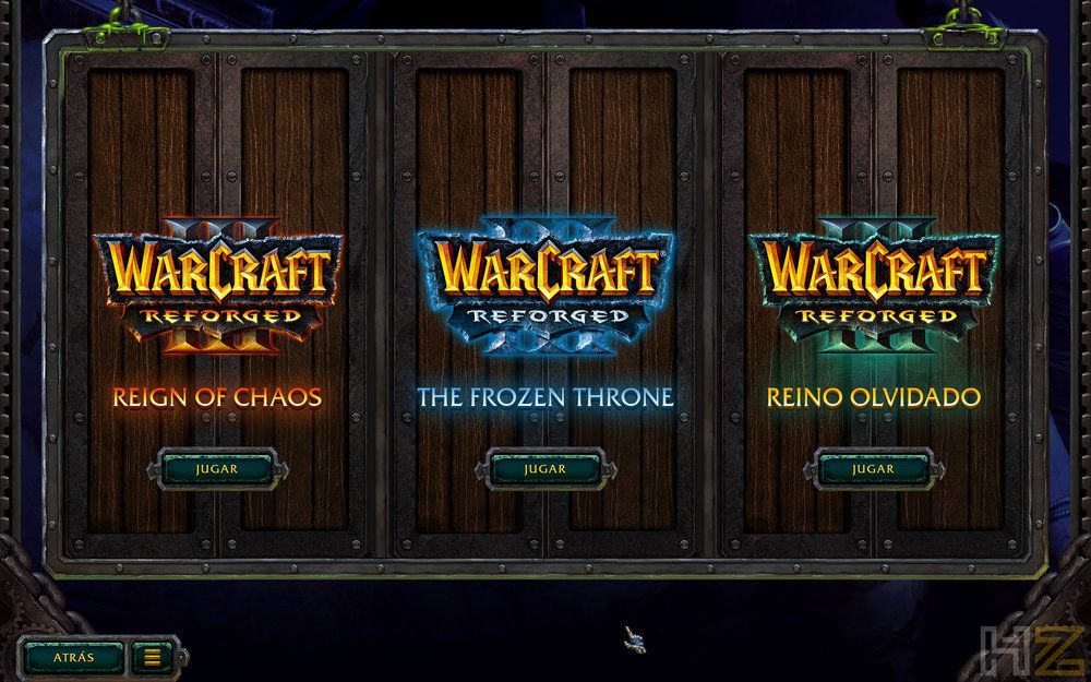 Menú de selección de campañas en Warcraft III Reforged con las opciones Reign of Chaos, The Frozen Throne y Reino Olvidado.