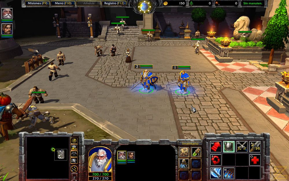 Interfaz de juego de Warcraft III Reforged con unidades militares en una plaza empedrada.