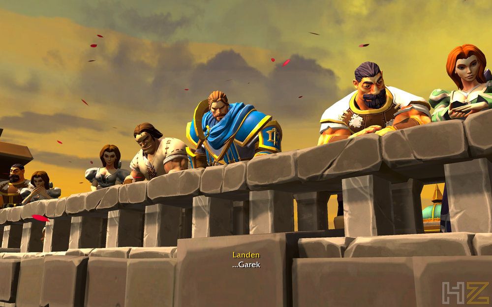 Personajes de Warcraft III Reforged asomados a una balconada de piedra bajo un cielo amarillento.